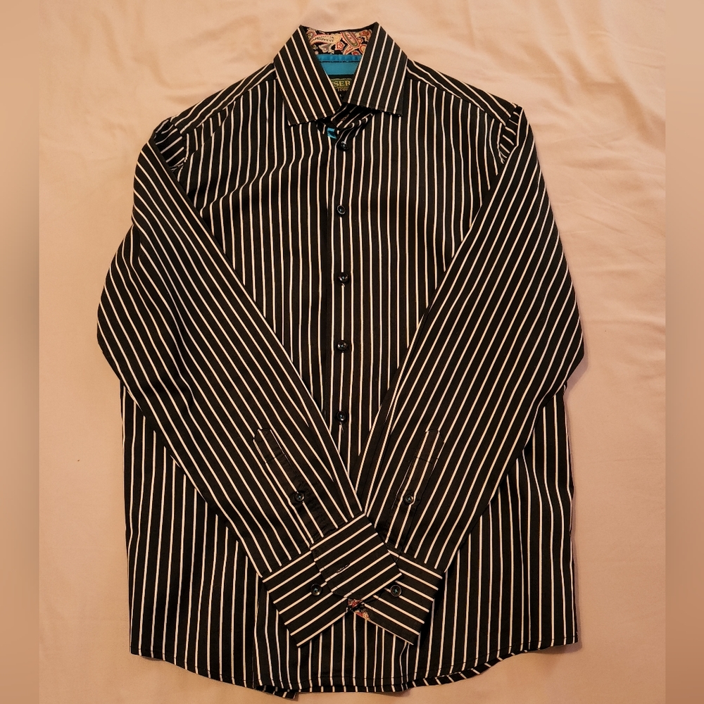 Inserch icon Black Button Up 2 ply Satin Shirt with Paisley Collar - Picture 7 of 8